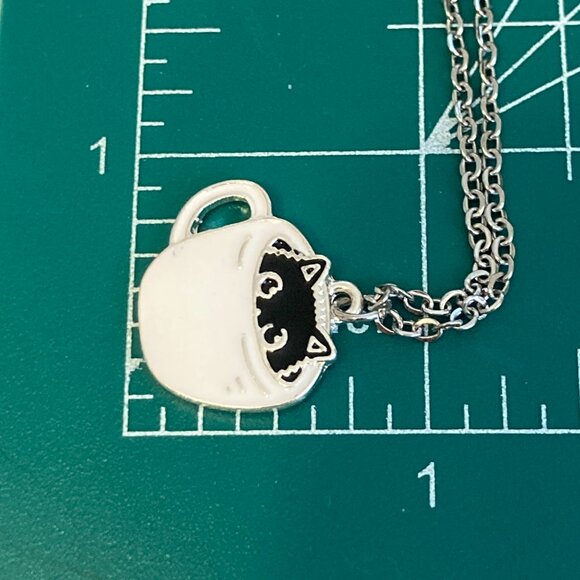 Black Cat Charm Pendant Necklace 18" Chain Enamel Coffee Cup Halloween Cat Lady - Picture 7 of 7